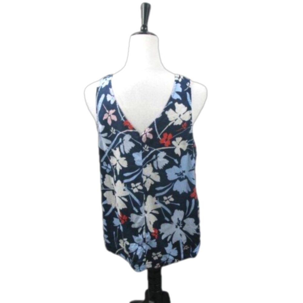 Time and Tru Navy Blue Floral Linen Blend Sleeveless Blouse Size Medium - Picture 3 of 5